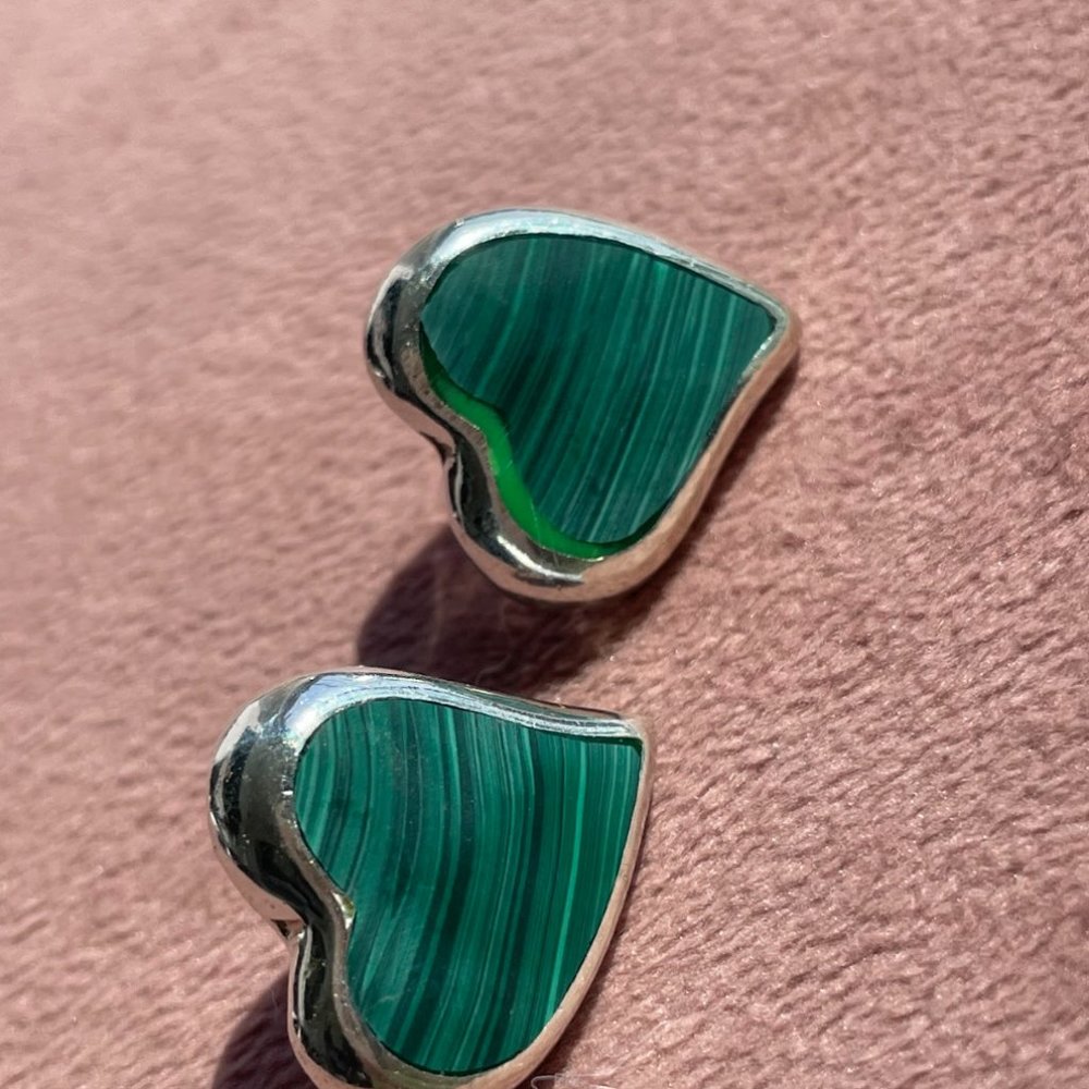 1980’s Malachite and Sterling Silver Inlay Heart Studs Vintage